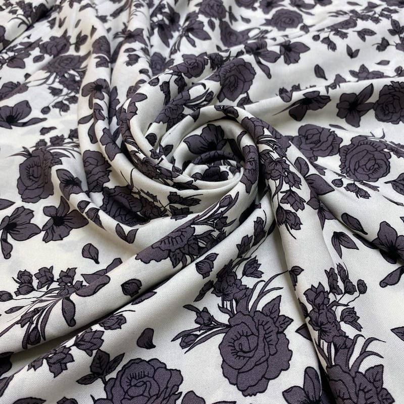Tecido Viscose Estampado Floral Cinza • Luema Tecidos