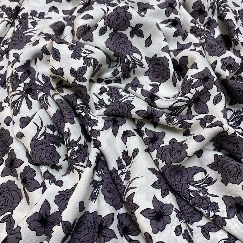 Tecido Viscose Estampado Floral Cinza • Luema Tecidos