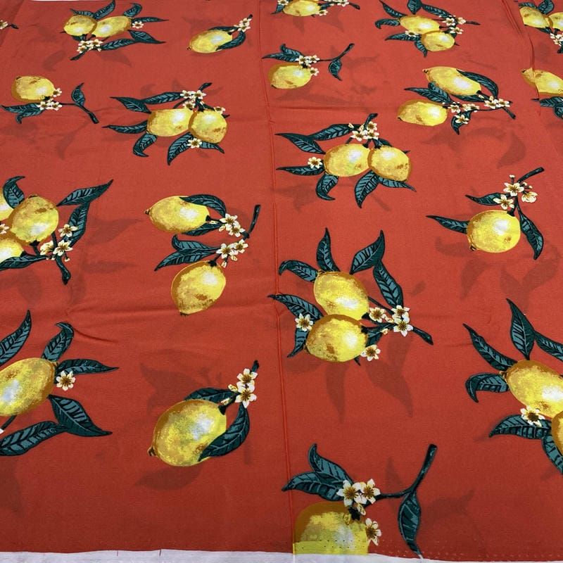 Tecido Viscose Estampado Limoeiro Fundo Vermelho • Luema Tecidos