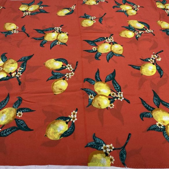 Tecido Viscose Estampado Limoeiro Fundo Vermelho • Luema Tecidos