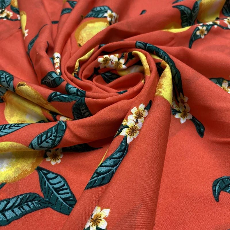 Tecido Viscose Estampado Limoeiro Fundo Vermelho • Luema Tecidos