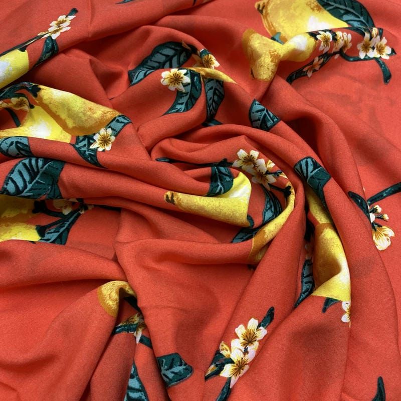 Tecido Viscose Estampado Limoeiro Fundo Vermelho • Luema Tecidos