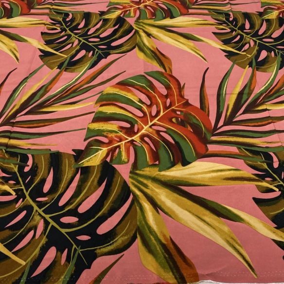 Tecido Viscose Estampada Folhagens Fundo Rosa Nude • Luema Tecidos