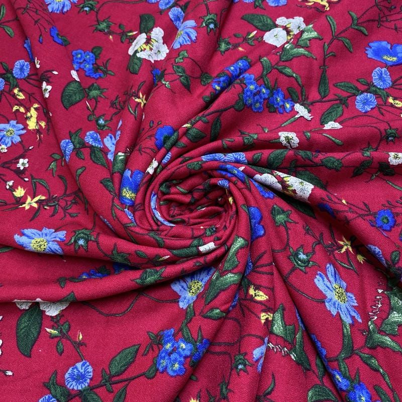 Tecido Viscose Estampada Flores Azul Fundo Vermelho