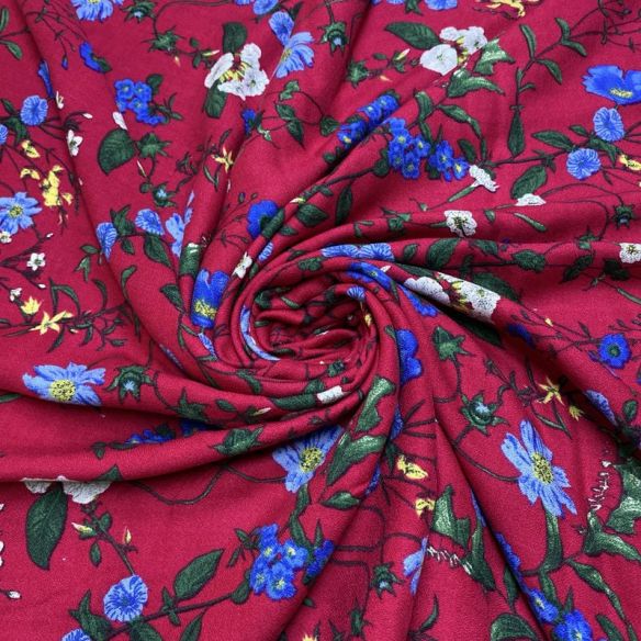 Tecido Viscose Estampada Flores Azul Fundo Vermelho • Luema Tecidos
