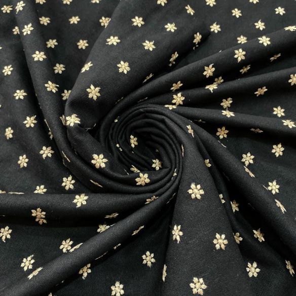 Tecido Linho Misto Bordado Florzinhas Preto • Luema Tecidos
