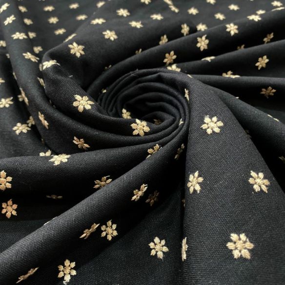 Tecido Linho Misto Bordado Florzinhas Preto • Luema Tecidos