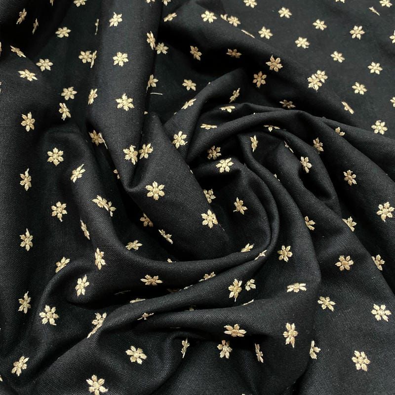 Tecido Linho Misto Bordado Florzinhas Preto • Luema Tecidos