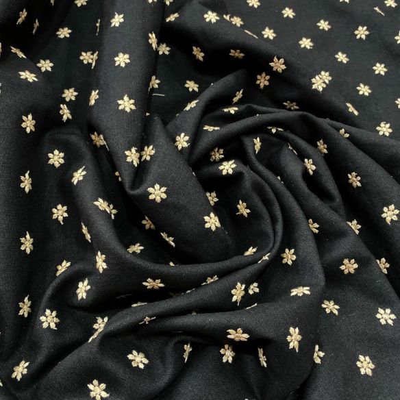 Tecido Linho Misto Bordado Florzinhas Preto • Luema Tecidos