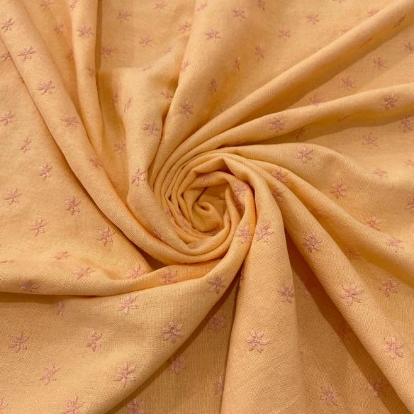 Tecido Linho Misto Bordado Florzinhas Laranja Claro • Luema Tecidos