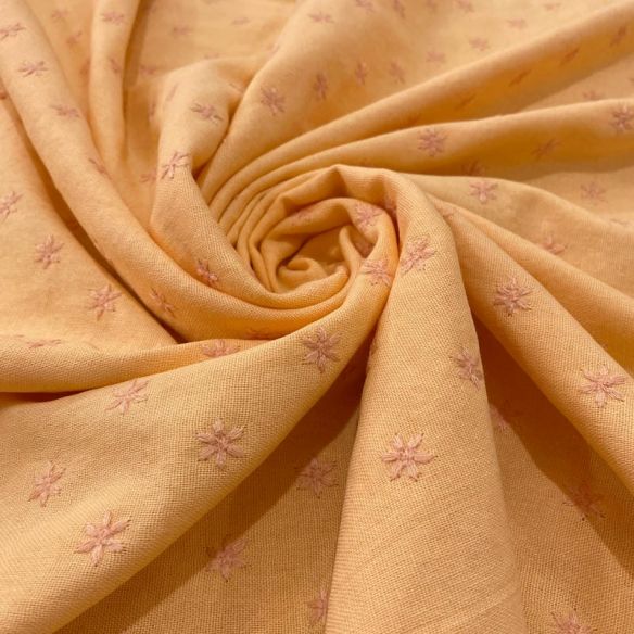Tecido Linho Misto Bordado Florzinhas Laranja Claro • Luema Tecidos