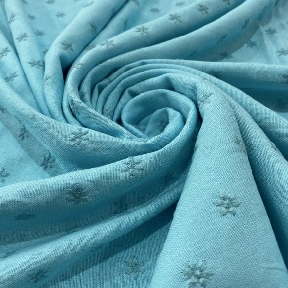 Tecido Linho Misto Bordado Florzinhas Azul Céu • Luema Tecidos