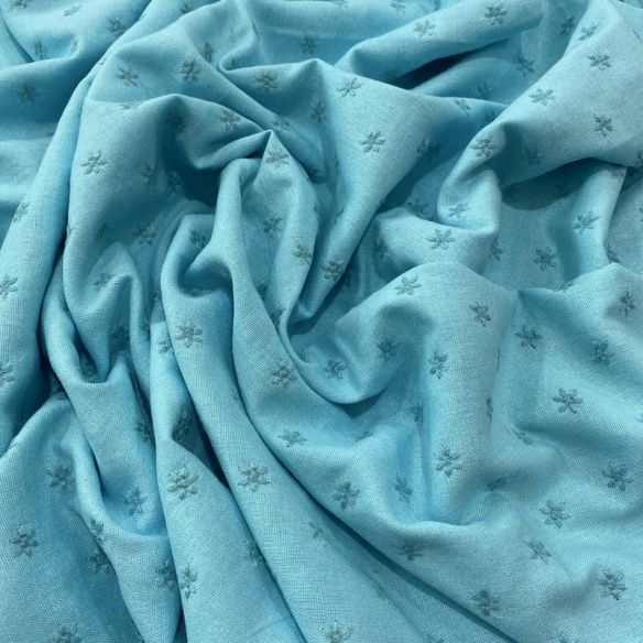 Tecido Linho Misto Bordado Florzinhas Azul Céu • Luema Tecidos