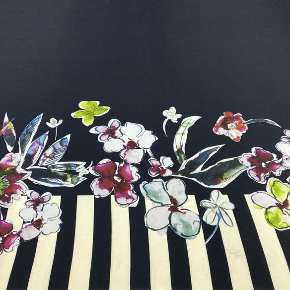 Tecido Crepe de Chine Seda Pura Barrado Fundo Preto • Luema Tecidos Tecido Crepe de Chine Seda Pura Barrado Fundo Preto • Luema Tecidos