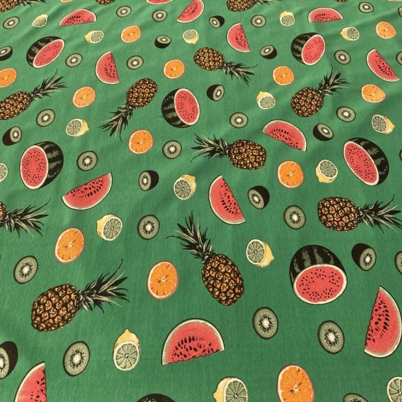 Tecido Viscolycra Estampada Frutas Fundo Verde • Luema Tecidos