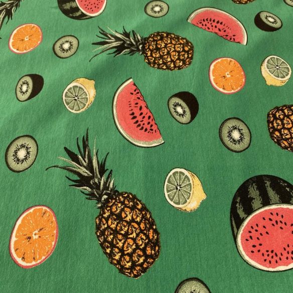 Tecido Viscolycra Estampada Frutas Fundo Verde • Luema Tecidos