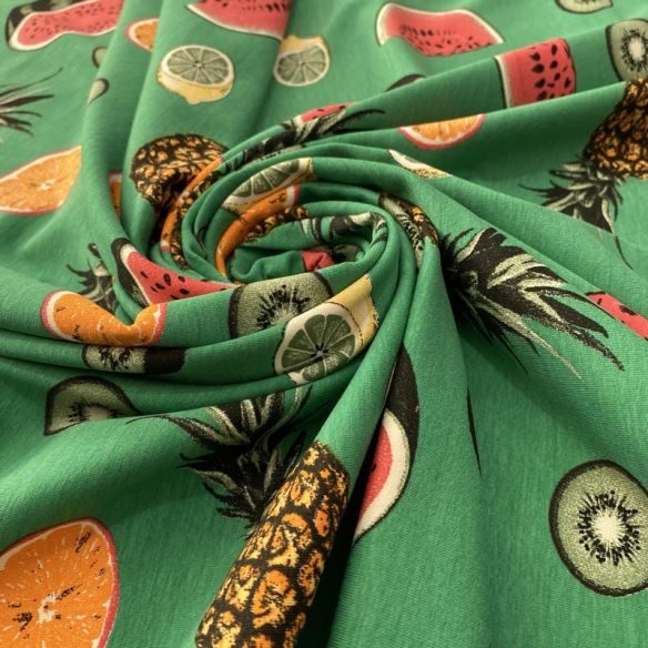 Tecido Viscolycra Estampada Frutas Fundo Verde • Luema Tecidos