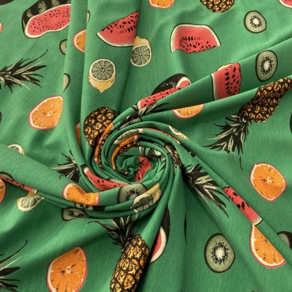 Tecido Viscolycra Estampada Frutas Fundo Verde • Luema Tecidos