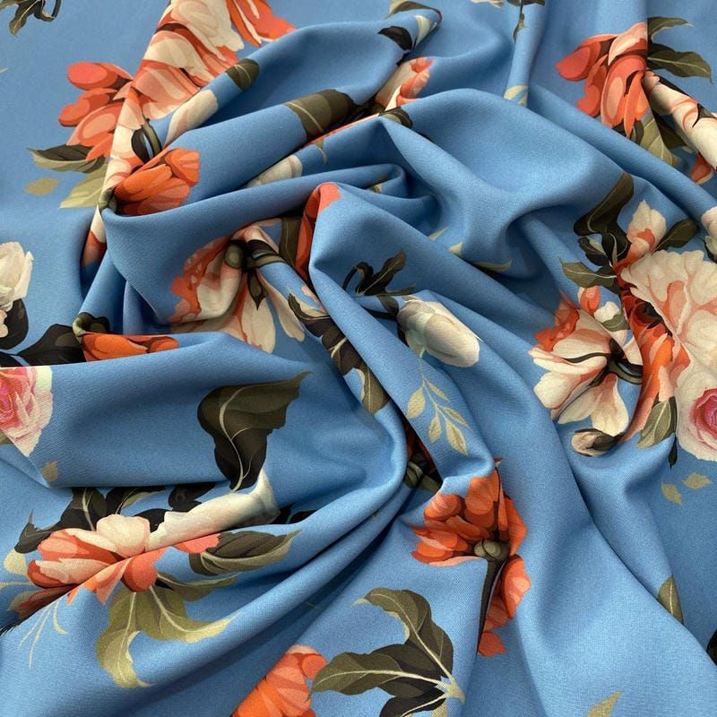 Tecido Neoprene Estampada Floral Azul • Luema Tecidos