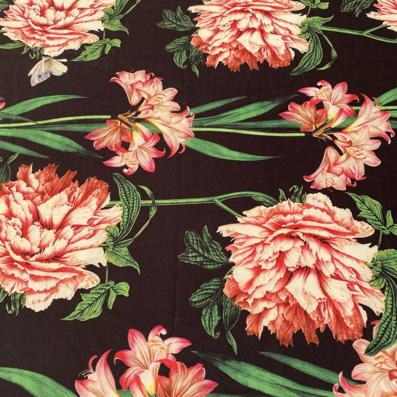 Tecido Neoprene Estampada Floral Fundo Preto • Luema Tecidos