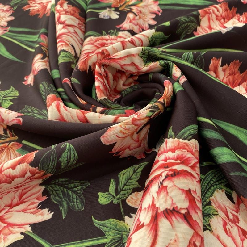 Tecido Neoprene Estampada Floral Fundo Preto • Luema Tecidos