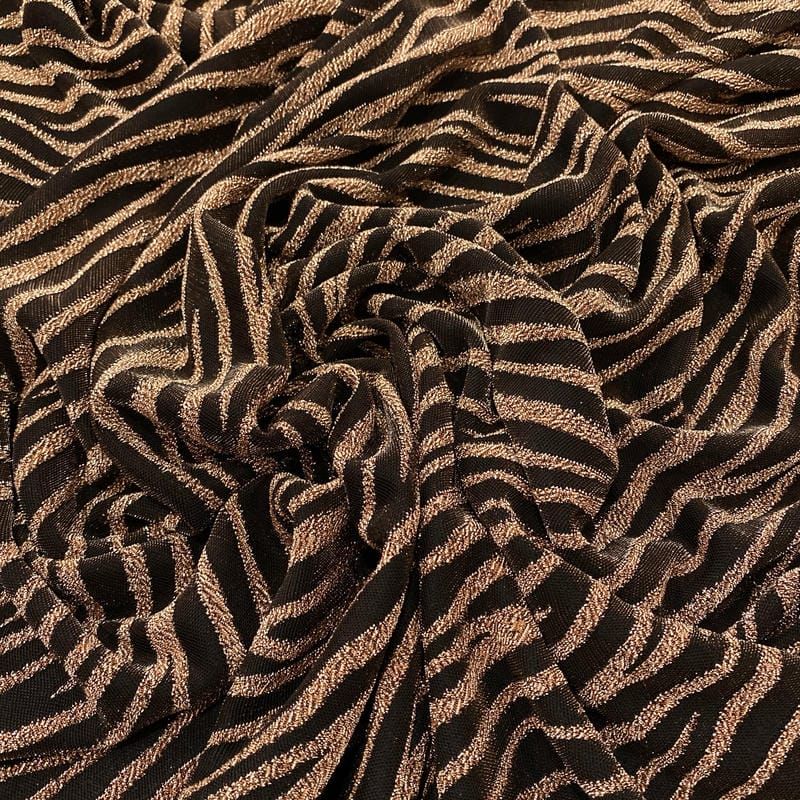 Tecido Malha Lurex Zebra Dourado Fundo Preto • Luema Tecidos