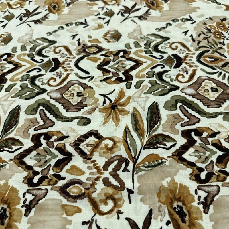 Tecido Viscolinho Estampado Floral Boho Terracota e Verde • Luema Tecidos