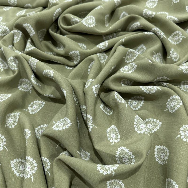 Tecido Viscolinho Estampado Mini-Cashmere Oliva • Luema Tecidos
