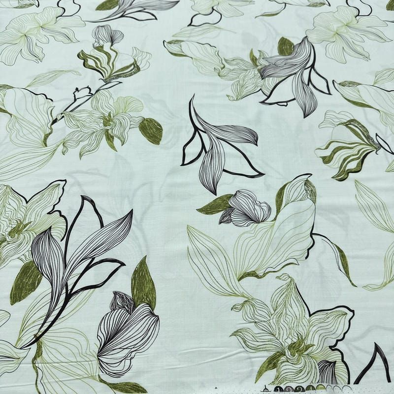 Tecido Viscolinho Estampado Floral Lineart Verde e Preto • Luema Tecidos