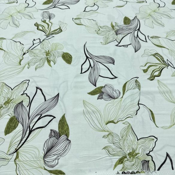 Tecido Viscolinho Estampado Floral Lineart Verde e Preto • Luema Tecidos