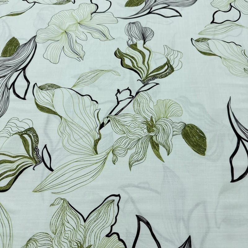 Tecido Viscolinho Estampado Floral Lineart Verde e Preto • Luema Tecidos