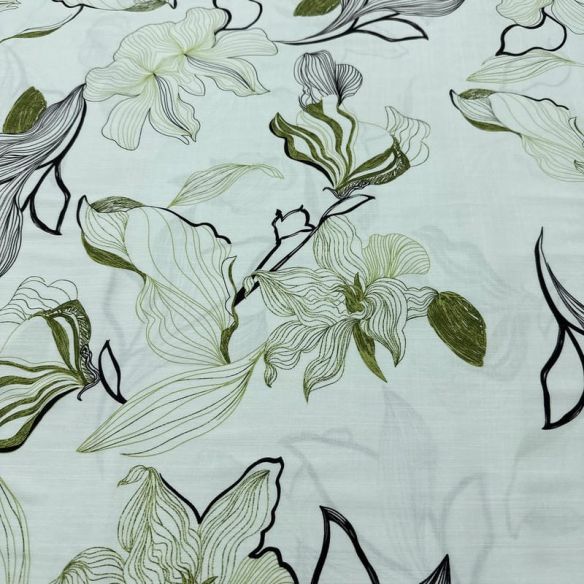 Tecido Viscolinho Estampado Floral Lineart Verde e Preto • Luema Tecidos