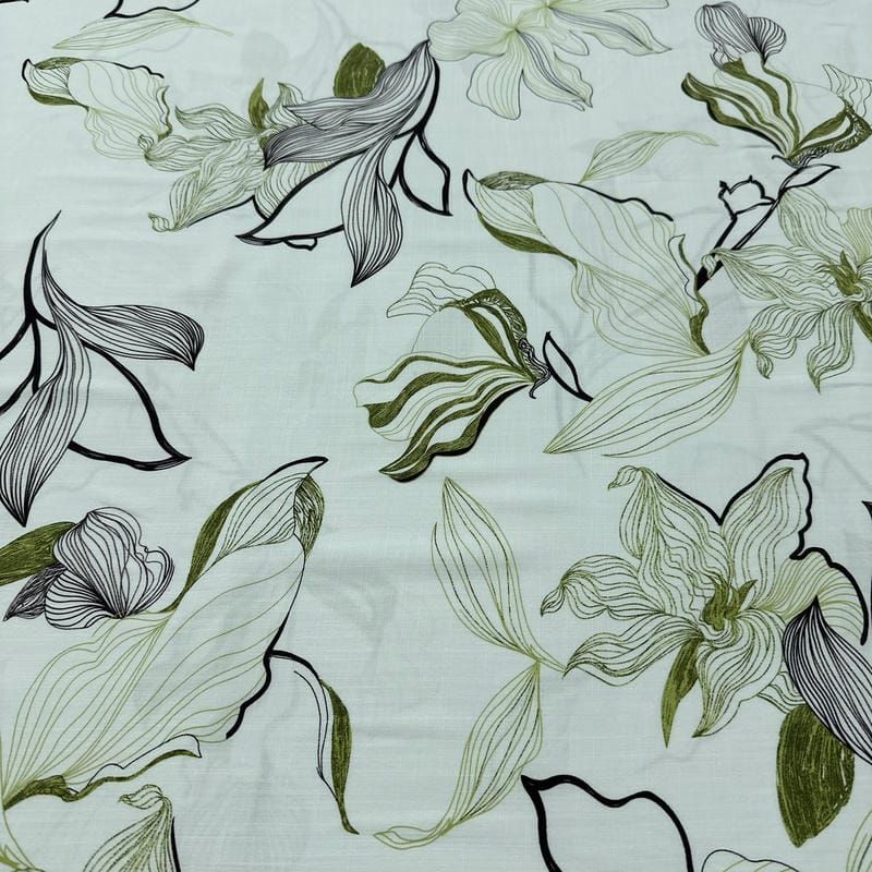 Tecido Viscolinho Estampado Floral Lineart Verde e Preto • Luema Tecidos