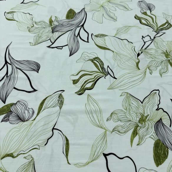 Tecido Viscolinho Estampado Floral Lineart Verde e Preto • Luema Tecidos