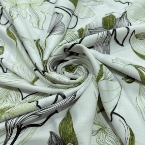 Tecido Viscolinho Estampado Floral Lineart Verde e Preto • Luema