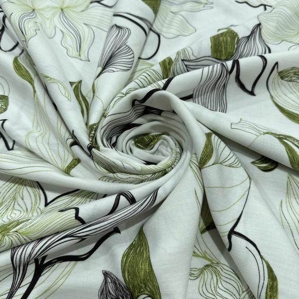 Tecido Viscolinho Estampado Floral Lineart Verde e Preto • Luema Tecidos
