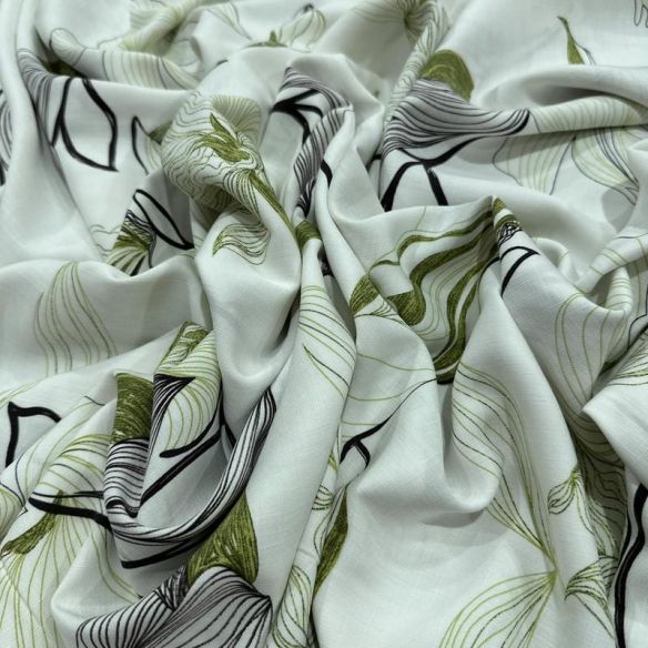 Tecido Viscolinho Estampado Floral Lineart Verde e Preto • Luema Tecidos