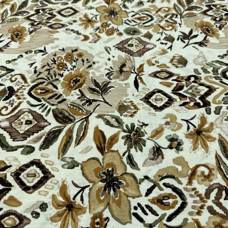 Tecido Viscolinho Estampado Floral Boho Terracota e Verde • Luema Tecidos