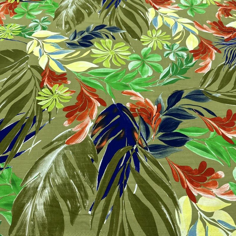 Tecido Viscolinho Estampado Exuberante Verde e Laranja • Luema Tecidos