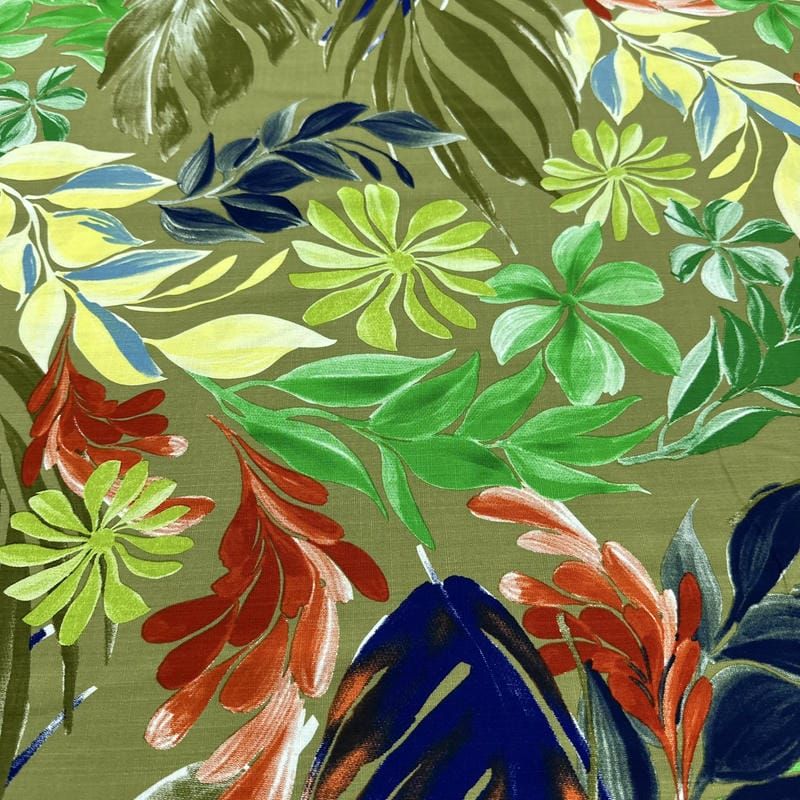 Tecido Viscolinho Estampado Exuberante Verde e Laranja • Luema Tecidos