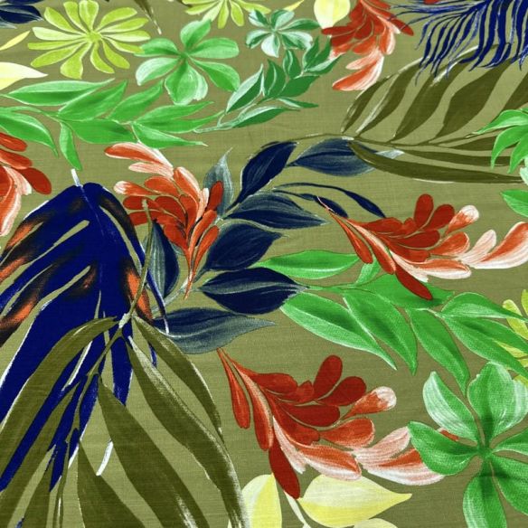 Tecido Viscolinho Estampado Exuberante Verde e Laranja • Luema Tecidos
