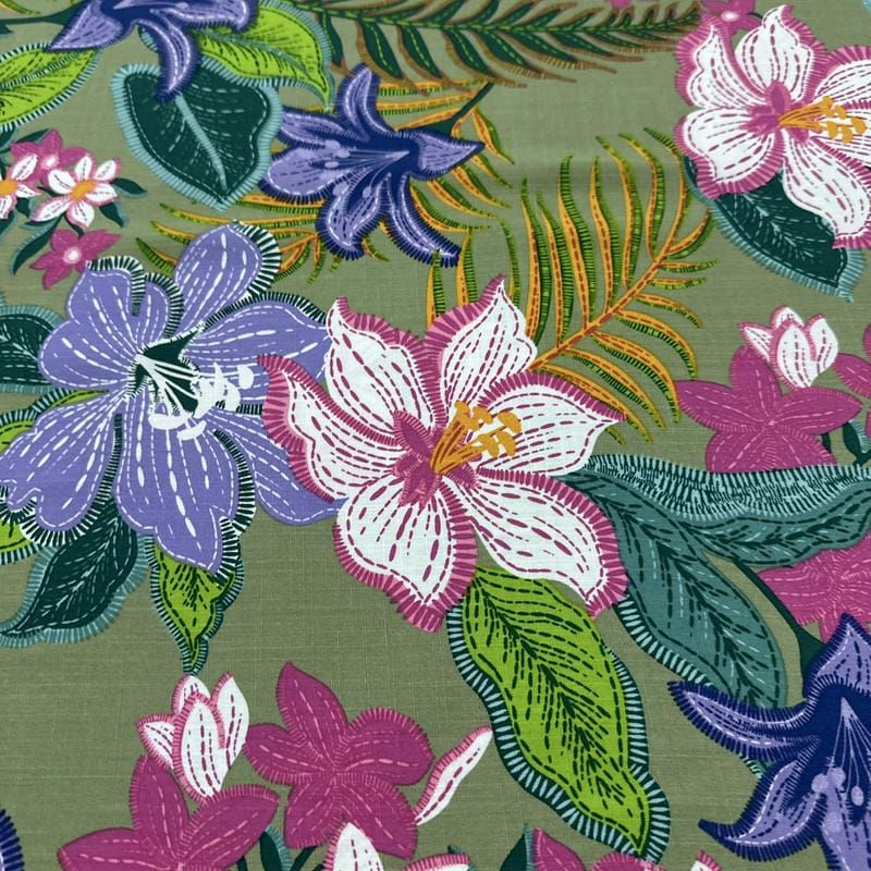 Tecido Viscolinho Estampado Floresta Tropical Neon • Luema Tecidos