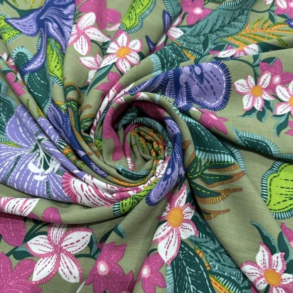 Tecido Viscolinho Estampado Floresta Tropical Neon • Luema Tecidos