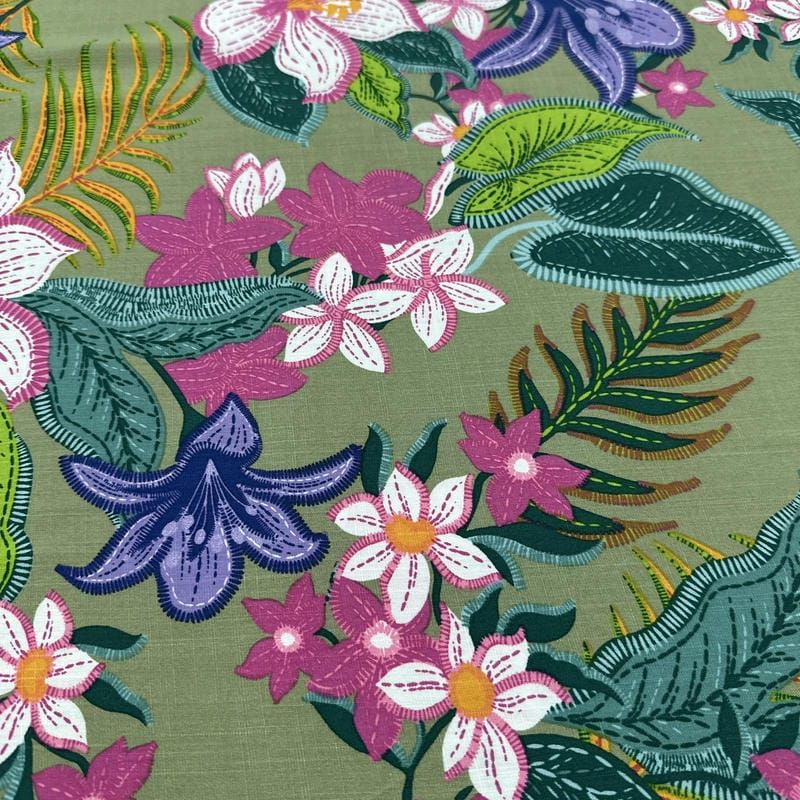 Tecido Viscolinho Estampado Floresta Tropical Neon • Luema Tecidos