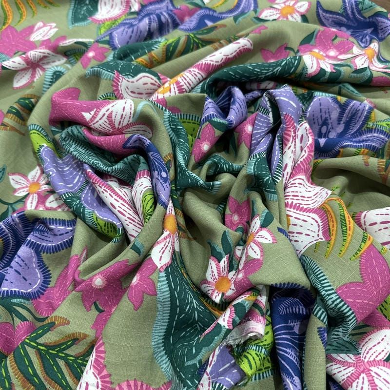 Tecido Viscolinho Estampado Floresta Tropical Neon • Luema Tecidos