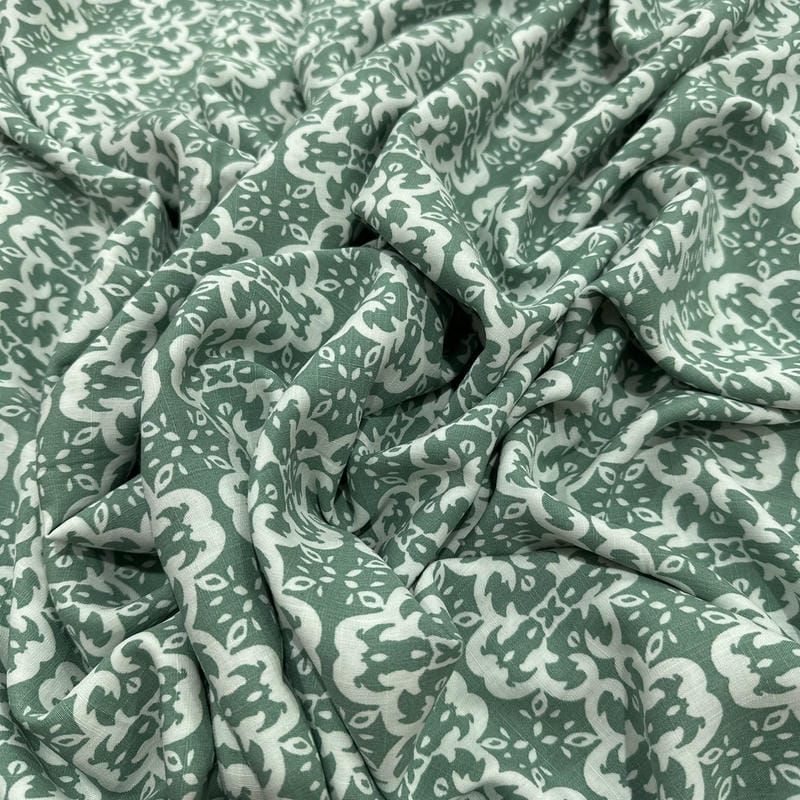 Tecido Viscolinho Estampado Mourisco Sálvia • Luema Tecidos