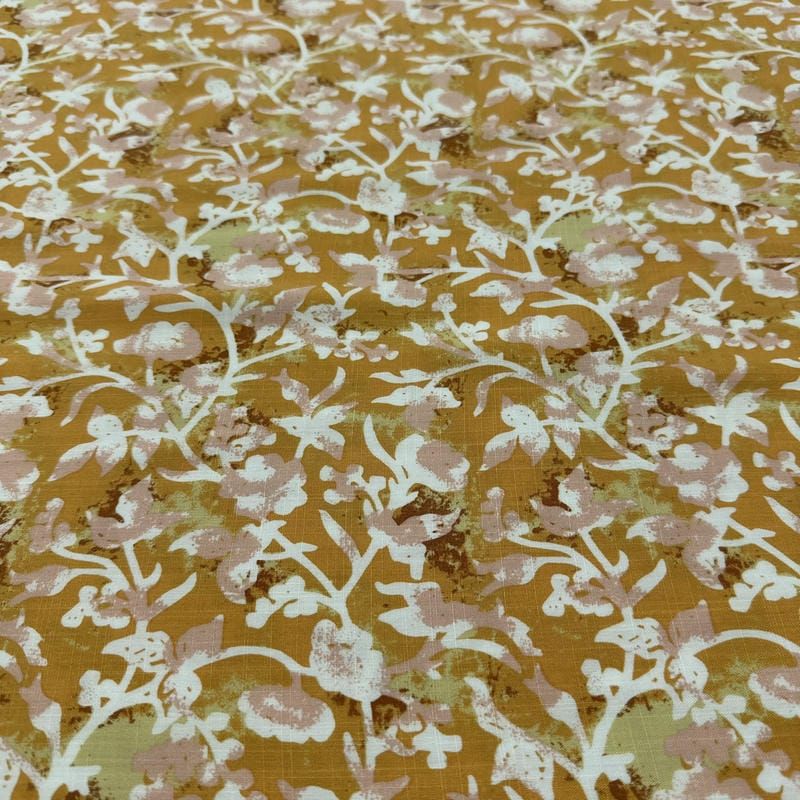 Tecido Viscolinho Estampado Bouquet Ocre Retrô • Luema Tecidos