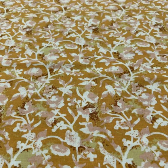 Tecido Viscolinho Estampado Bouquet Ocre Retrô • Luema Tecidos