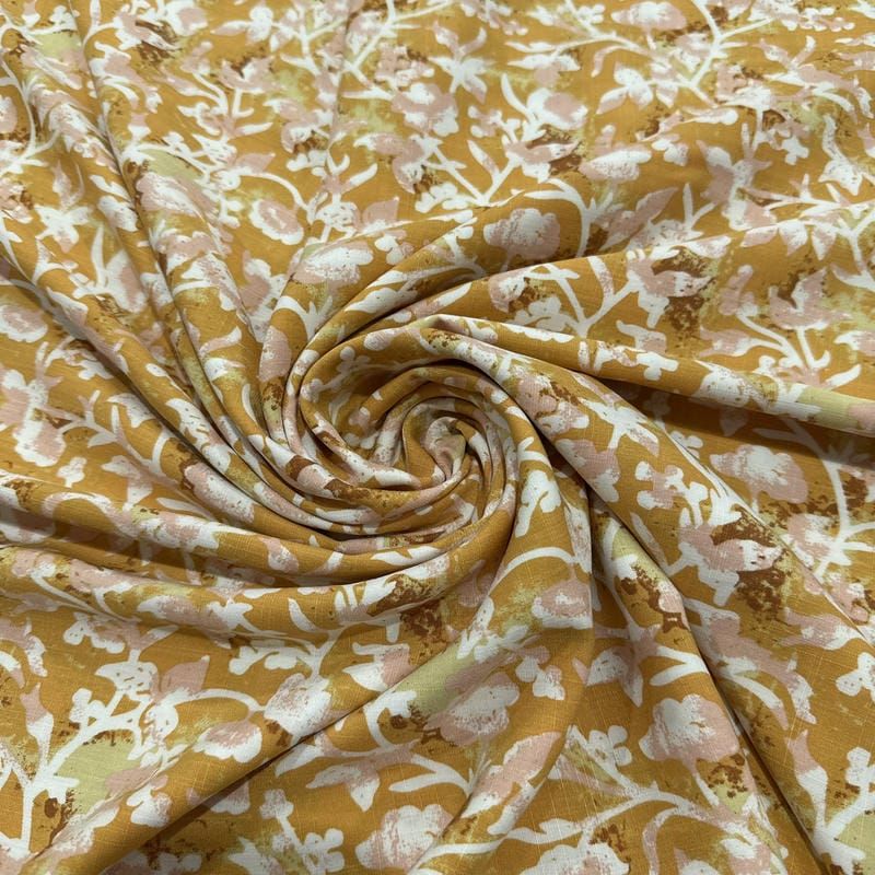 Tecido Viscolinho Estampado Bouquet Ocre Retrô • Luema Tecidos