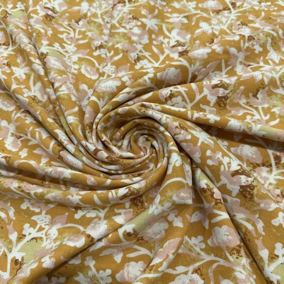 Tecido Viscolinho Estampado Bouquet Ocre Retrô • Luema Tecidos